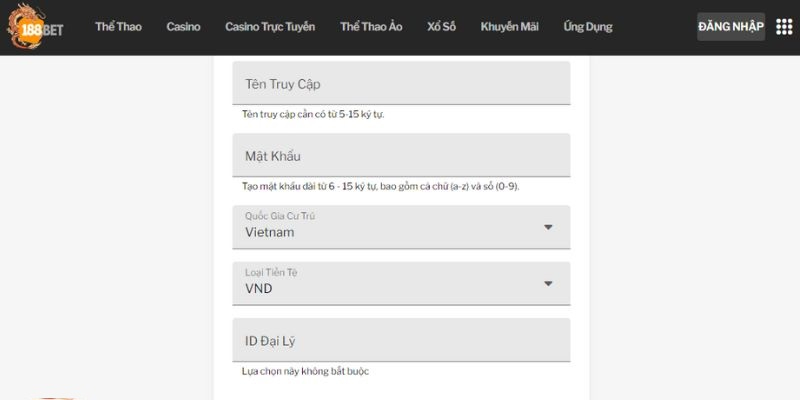 Người chơi cũng có thể đăng ký tài khoản 188Bet nhanh chóng
